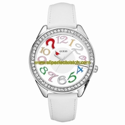 Guess Watches : 11066L1 Quartz White Dial Stainless Steel Case With White Leather Strap Women Watch