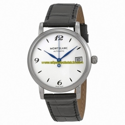 MontBlanc Watches : 111590 Automatic Silver White Dial Date Black Leather Unisex Watch