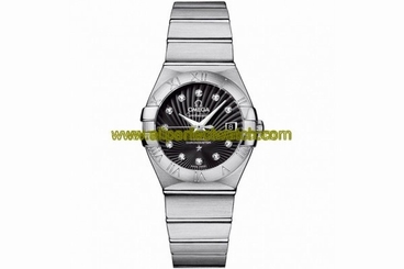 Omega Watches : 123.10.27.20.51.001 27mm Constellation Brushed Automatic Co-Axial Chronometer Brushed Black Dial Stainless Steel Case, Diamonds On Hour Indices With Stainless Steel Bracelet Women Watch