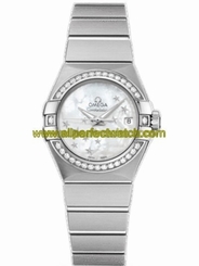 Omega Watches : 123.15.27.20.05.001 24mm Constellation Brushed Automatic Co-Axial Chronometer White Mother Of Pearl Dial Stainless Steel Case, Diamonds On Bezel With Stainless Steel Bracelet Women Watch