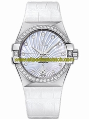 Omega Watches : 123.18.35.20.55.001 35mm Automatic Co-Axial Chronometer White Mother Of Pearl Dial Stainless Steel Case, Diamonds On Bezel And Hour Indices With White Rubber Strap Women Watch