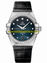 Omega Watches : 123.18.35.20.56.001 35mm Automatic Co-Axial Chronometer Blue Dial Stainless Steel Case, Diamonds On Bezel And Hour Indices With Black Alligator Leather Strap Women Watch