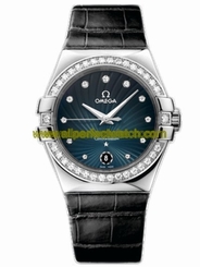 Omega Watches : 123.18.35.60.56.001 35mm Quartz Blue Dial Stainless Steel Case, Diamonds With Black Leather Strap Women Watch
