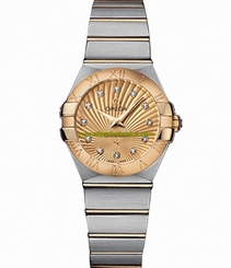 Omega Watches : 123.20.27.60.58.001 27mm Constellation Brushed Quartz Champagne Gold Dial And Case, Diamonds On Hour Indices With Yellow Gold And Stainless Steel Bracelet Women Watch