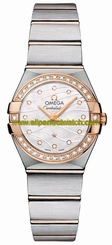 Omega Watches : 123.25.24.60.55.012 Quartz White Mother of Pearl Diamond Dial Diamond Bezel 18k Rose Gold and Stainless Steel Bracelet Women Watch