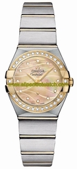 Omega Watches : 123.25.24.60.57.001 Quartz Champagne Mother of Pearl Diamond Dial Diamond Bezel 18k Yellow Gold and Stainless Steel Bracelet Women Watch
