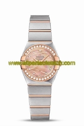 Omega Watches : 123.25.24.60.57.002 Quartz Rose Gold Mother of Pearl Diamond Dial Diamond Bezel 18k Rose Gold and Stainless Steel Bracelet Women Watch