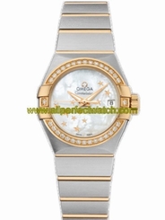 Omega Watches : 123.25.27.20.05.001 27mm Automatic Brushed Chronometer White Mother Of Pearl Dial Yellow Gold Case, Diamonds With Yellow Gold And Stainless Steel Bracelet Women Watch
