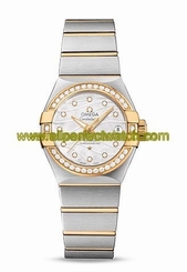 Omega Watches : 123.25.27.20.55.004 Automatic Mother of Pearl Diamond Dial Diamond Bezel 18k Yellow Gold and Stainless Steel Bracelet Women Watch