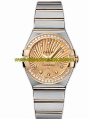 Omega Watches : 123.25.27.60.58.001 27mm Constellation Brushed Quartz Champagne Gold Dial Yellow Gold Case, Diamonds With Yellow Gold And Stainless Steel Bracelet Women Watch