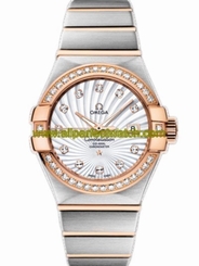 Omega Watches : 123.25.31.20.55.001 31mm Automatic Brushed Chronometer White Mother Of Pearl Dial Rose Gold Case, Diamonds With Rose Gold And Stainless Steel Bracelet Women Watch