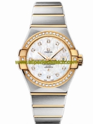 Omega Watches : 123.25.31.20.55.003 31mm Automatic Brushed Chronometer White Mother Of Pearl Dial Yellow Gold Case, Diamonds With Yellow Gold And Stainless Steel Bracelet Women Watch