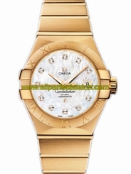 Omega Watches : 123.50.31.20.55.002 31mm Automatic Brushed Chronometer White Mother Of Pearl Dial Yellow Gold Case, Diamonds And Yellow Gold Bracelet Women Watch