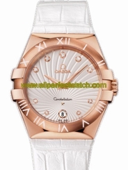 Omega Watches : 123.53.35.60.52.001 35mm Quartz Laquered White Dial Rose Gold Case, Diamonds With White Leather Strap Women Watch