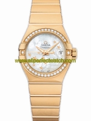 Omega Watches : 123.55.27.20.05.001 27mm Automatic Brushed Chronometer White Mother Of Pearl Dial Yellow Gold Case, Diamonds With Yellow Gold Bracelet Women Watch