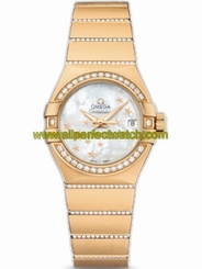 Omega Watches : 123.55.27.20.05.002 27mm Automatic Brushed Chronometer White Mother Of Pearl Dial Yellow Gold Case, Diamonds With Yellow Gold Bracelet Women Watch