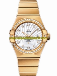 Omega Watches : 123.55.31.20.55.002 31mm Automatic Brushed Chronometer White Mother Of Pearl Dial Yellow Gold Case, Diamonds With Yellow Gold Bracelet Women Watch