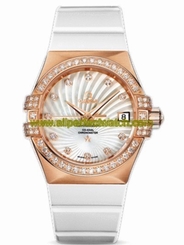 Omega Watches : 123.57.35.20.55.001 35mm Automatic Chronometer White Mother Of Pearl Dial Rose Gold Case, Diamonds With White Rubber Strap Women Watch