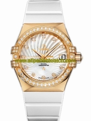 Omega Watches : 123.57.35.20.55.003 35mm Automatic Chronometer White Mother Of Pearl Dial Yellow Gold Case, Diamonds With White Rubber Strap Women Watch