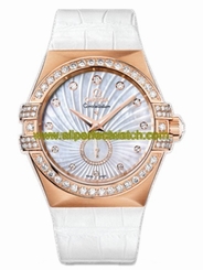 Omega Watches : 123.58.35.20.55.001 35mm Automatic Constellation Small Seconds Chronometer White Mother Of Pearl Dial Rose Gold Case, Diamonds With White Leather Strap Women Watch