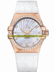 Omega Watches : 123.58.35.20.55.003 35mm Automatic Chronometer White Mother Of Pearl Dial Rose Gold Case, Diamonds With White Leather Strap Women Watch