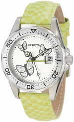 Invicta Watches : 12516 Silver Butterflies With Encrusted White Crystals Dial Lime Genuine Calf Leather With Reptile Pattern Women Watch