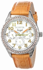 Invicta Watches : 12606 Quartz Mother of Pearl Dial Crystal Bezel Light Orange Leather Women Watch