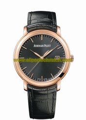 Audemars Piguet Watches : 15170OR.OO.A002CR.01 Automatic Black Dial Date 18ct Rose Gold Case Black Leather Men Watch