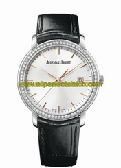 Audemars Piguet Watches : 15171BC.ZZ.A002CR.01 Automatic Silver Dial Date Diamond Bezel 18ct White Gold Case Black Leather Men Watch