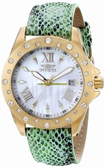 Invicta Watches : 18358 Quartz Mother of Pearl Dial Green Leather Women Watch