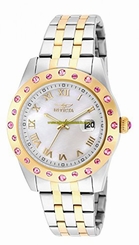 Invicta Watches : 18984 Silver Dial Fixed 18kt Gold-plated With Pink Crystals Band Men Watch