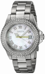 Invicta Watches : 19873 Mother Of Pearl Dial Fixed Stainless Steel Set With Crystals Band Women Watch