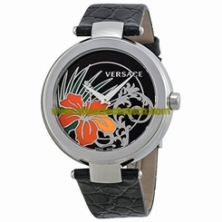 Versace Watches : 19Q99D9HI-S009 Silver Black Sunray with Orange Hibiscus Flower Dial Black Leather Women Watch