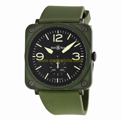 Bell and Ross Military Olive Green Ceramic Rubber Strap Mens Watch BRS-CERAM-MIL