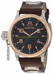 Invicta Mens Russian Diver Textured Dial Rose Gold Bezel Brown Leather Watch