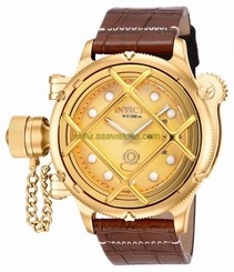 New Men's Invicta 16251 Russian Diver Swiss Mechanical Gold Dial Leather Watch