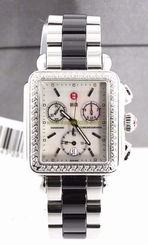 NEW MICHELE MWW06A000717 DECO DIAMOND MOTHER OF PEARL LADIES BLACK CERAMIC WATCH