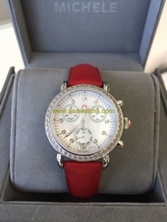 Michele CSX 33 MWW03S000002 Diamond Bezel Diamond Dial Red Leather Strap Watch