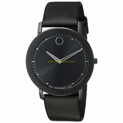 MOVADO MEN'S LEATHER BAND STEEL CASE SWISS QUARTZ BLACK DIAL WATCH 0606884