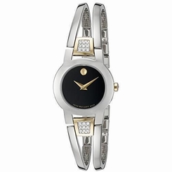 MOVADO WOMEN'S STEEL BRACELET & CASE SWISS QUARTZ BLACK DIAL WATCH 0606894
