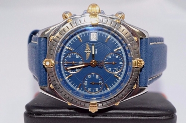 W134-BREITLING TWO TONE CHRONOMAT CHRONOGRAPH WATCH (B13047) BLUE DIAL, MINT
