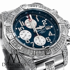 Diamond Breitling Super Avenger A13370 Blue Dial Watch 2 Row Diamond Bezel