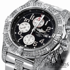 Diamond Breitling Super Avenger A13370 Black Dial Watch 2 Row Diamond Bezel