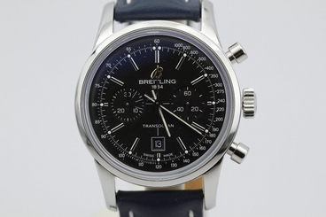Breitling Transocean 38 Chronograph A41310 Black Dial on Blue Leather Strap