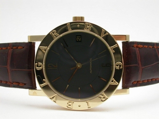 BVLGARI BB33GL 18K YELLOW GOLD BROWN LEATHER BAND AUTOMATIC 33MM UNISEX WATCH