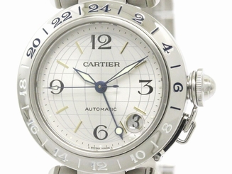 Polished CARTIER Pasha C GMT Steel Automatic Unisex Watch W31029M7 (BF112207)