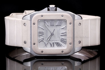 Cartier Stainless Steel Midsize Santos 100 2878, White Roman on a Rubber Strap