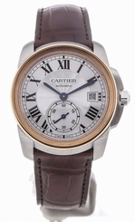 Cartier W2CA0002 Calibre 18k Rose Gold Silver Dial Men Leather Watch New in Box
