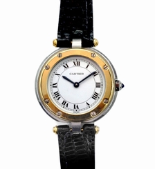 Vintage 90's Cartier Santos Round on Leather Ladies Tutone 18k Stainless Watch