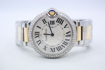 CARTIER BALLON BLEU 2 TONE 18k YELLOW GOLD 36MM DIAMOND ENCRUSTED WATCH W69008Z3 7612456341410